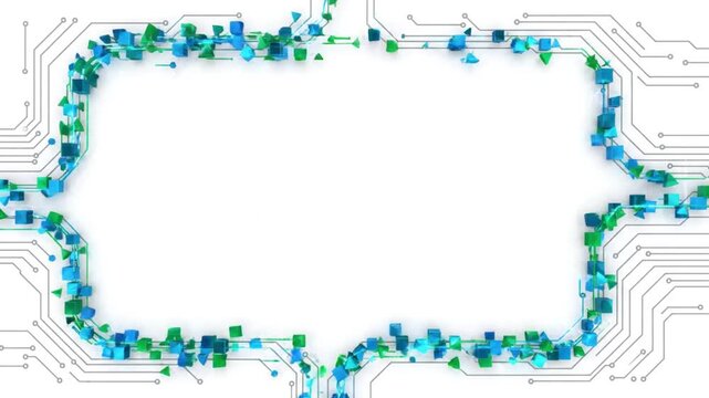 Abstract digital circuit board frame with glowing blue and green cubes on white background