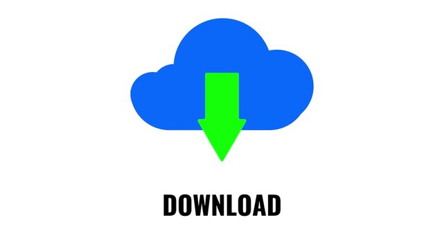Animated cloud download symbol with green arrow icon and motion graphic elements on white background.