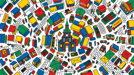 Naklejka premium Aerial view of colorful buildings and houses, Lego-style architecture