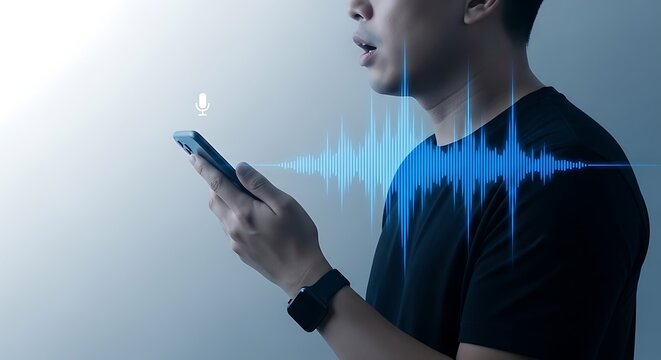 Man using voice recognition on smartphone with digital sound wave visualization