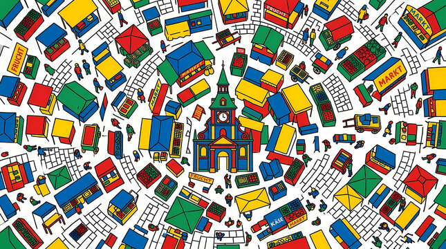 Aerial view of colorful buildings and houses, Lego-style architecture