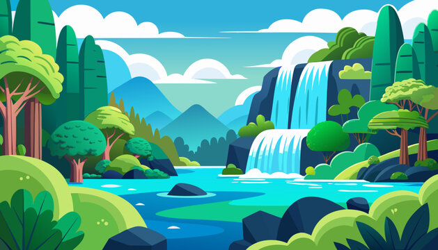 waterfall, cartoon, illustration, vector, tree, park, summer, beach, grass, sky, walk, nature, water, green, game, cloud, vector graphics, forest, trees, mountains, clouds, bushes, joy, relaxation