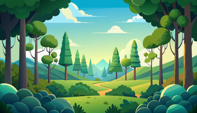 waterfall, cartoon, illustration, vector, tree, park, summer, beach, grass, sky, walk, nature, water, green, game, cloud, vector graphics, forest, trees, mountains, clouds, bushes, joy, relaxation
