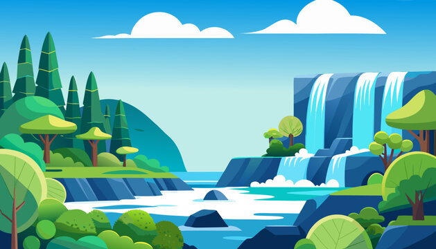 waterfall, cartoon, illustration, vector, tree, park, summer, beach, grass, sky, walk, nature, water, green, game, cloud, vector graphics, forest, trees, mountains, clouds, bushes, joy, relaxation