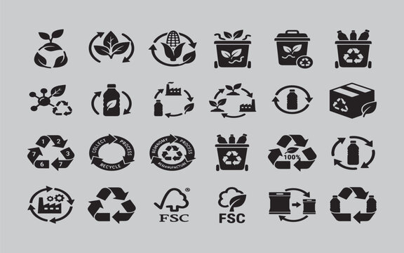 Collection of black recycling and sustainability on a gray background, eco-friendly environment conservation
