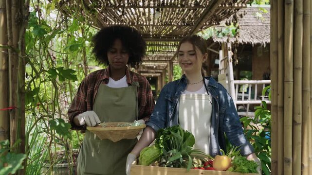 Happy African teenage woman and her Caucasian friend walking holding crate of organic vegetables and basket of fresh chicken eggs harvested from gardens and farms while studying agriculture in school.