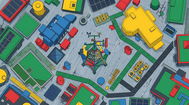 Aerial view of colorful Lego cityscape with buildings and playground