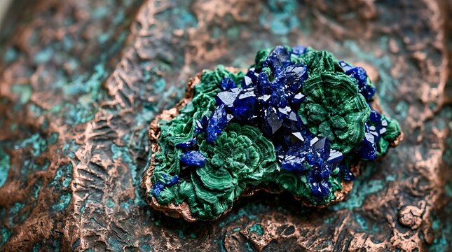 Vibrant azurite and malachite crystals on textured copper surface