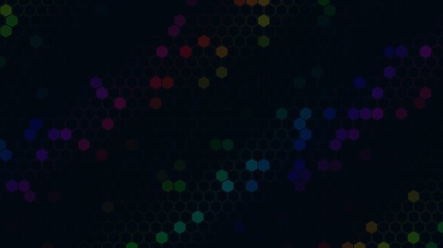 Hexagonal grid pattern with colorful dots on black background