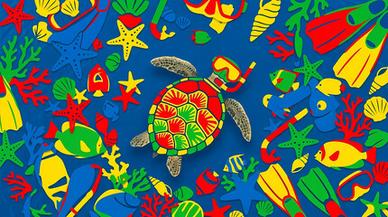 Obraz premium Vibrant sea turtle swims amidst colorful coral reef fish