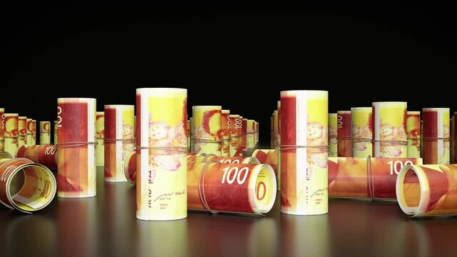 Camera Moving Across Rolled Israeli Banknotes, Realistic Currency Background, High-Quality 3D Animation