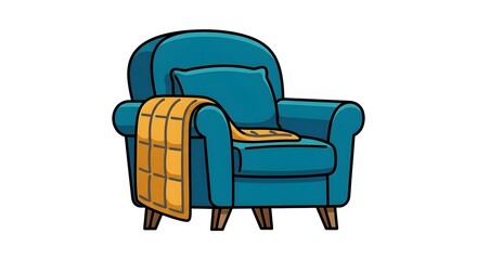 Naklejka premium Cozy blue armchair with yellow quilted blanket and pillow