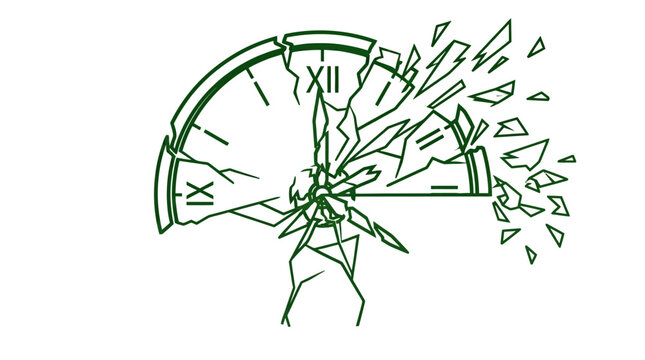 Clock shattered into fragments illustrates the concept of wasted time or the fragility of our existence in modern society.