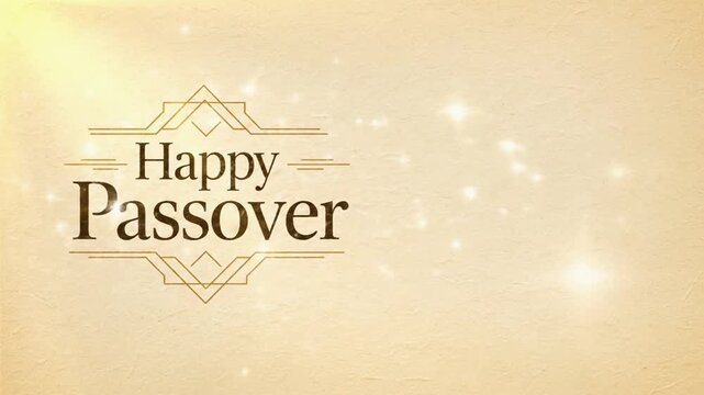 Happy Passover greeting card displays on a textured beige parchment background with elegant golden art deco frames and sparkling light effects.