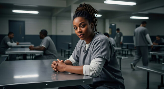Woman in prison uniform sitting at a metal table looking at the camera. Inmate detention facility. Concept of crime, correctional institution, and punishment.