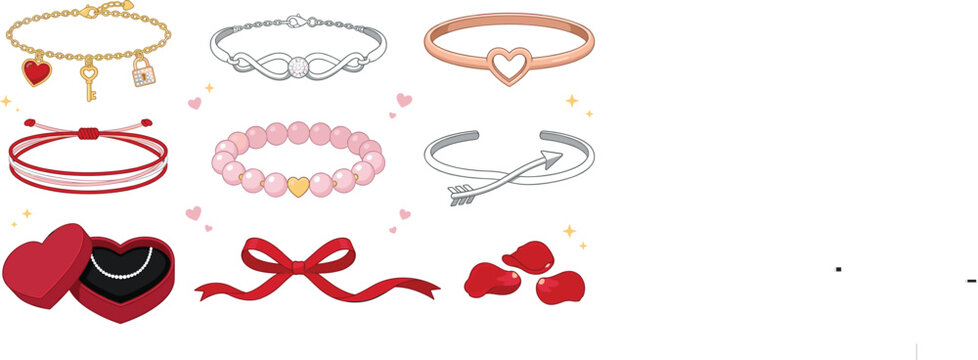 Valentines Day Bracelet Set featuring Gold Charm Chains, Pearl Bangles, Heart Boxes, Red Ribbon Bows, and Cupid Arrow Cuffs for Romantic Jewelry Gift Vector Graphic Designs