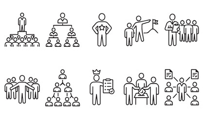 Obraz premium Business Teamwork Leadership and Organization Line Icons Set for Management Training Collaboration and HR Concepts