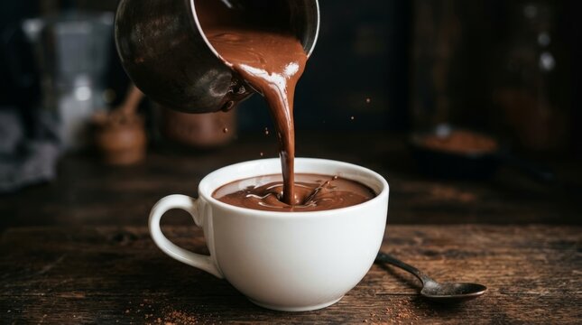 Pouring rich dark coffee into a white ceramic cup on wooden table.