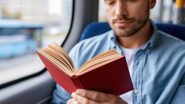 Young man engrossed in reading a paperback book while traveling on a bus