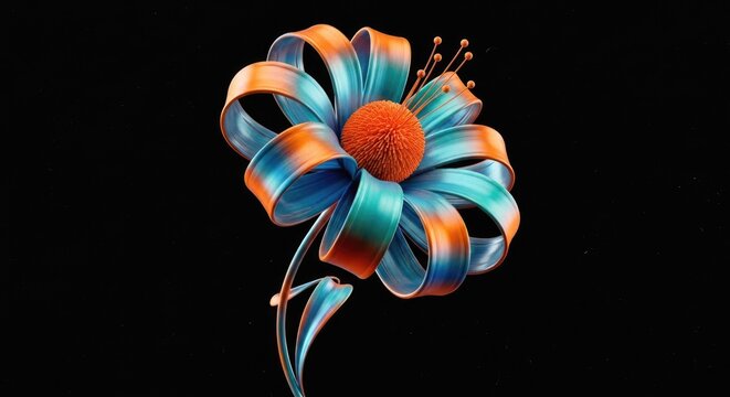 Stylized 3D ribbon flower in teal and orange.