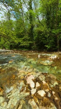 Clear water flows over smooth stones. Gradac River, Serbia. Vertical