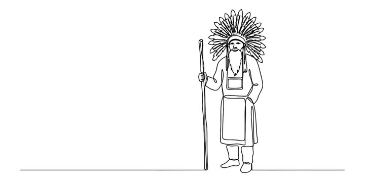 One continuous line drawing of a native american chief man with a traditional feather headdress holding a wooden walking stick standing in a proud pose Vector, illustration