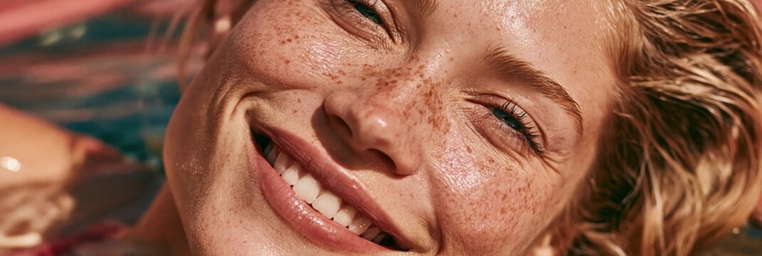 Closeup smiling freckled face of young woman in sunlit pool for summer banner and beauty background
