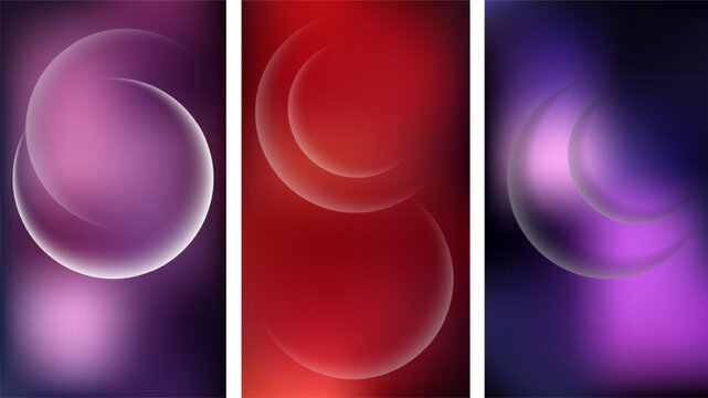 Minimalist soft circle light leaks on vibrant purple, red and blue backgrounds. Modern set of three abstract vertical banners with soft neon rings