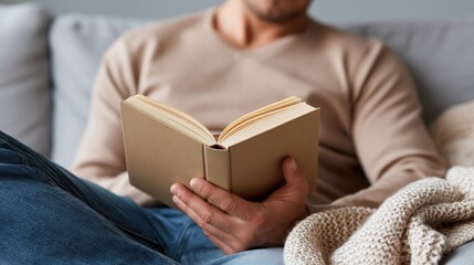 Fototapeta premium A man enjoys a cozy afternoon at home reading a book on the sofa
