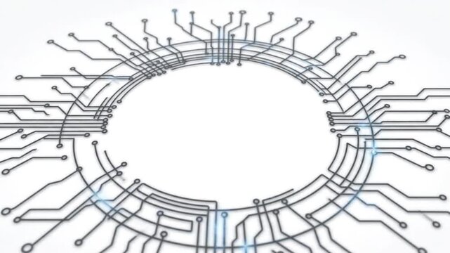 Abstract digital circuit board pattern with glowing blue connections forming a circular network on a white background