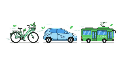 Naklejka premium Eco friendly transportation icons, green bike, blue car, electric bus, sustainable travel symbols isolated on White Background flat vector eps silhouette