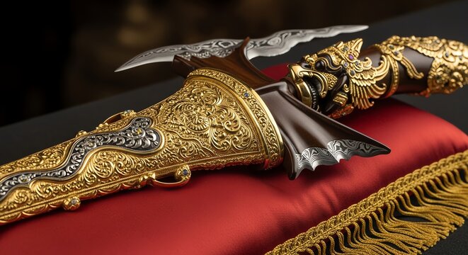 Exquisite Traditional Indonesian Kris Dagger with Elaborate Gold Work