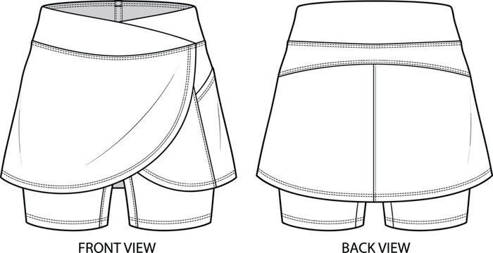 Technical flat sketch of athletic skort with wrap front panel, fitted shorts underneath, wide waistband, and detailed seam construction