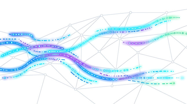 Abstract digital data flow with glowing lines and network nodes