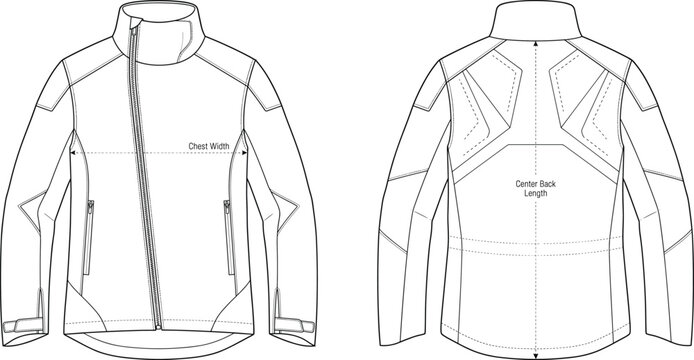 Technical flat sketch of modern jacket with high collar, asymmetrical front zipper, geometric seam panels, and functional zippered pockets