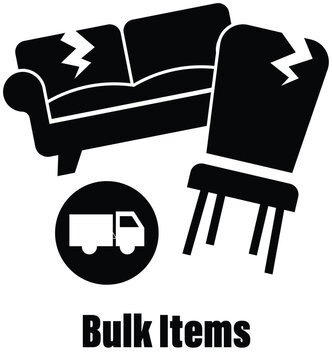 Trash cleaning service icons with broken furniture and moving truck for bulk items disposal