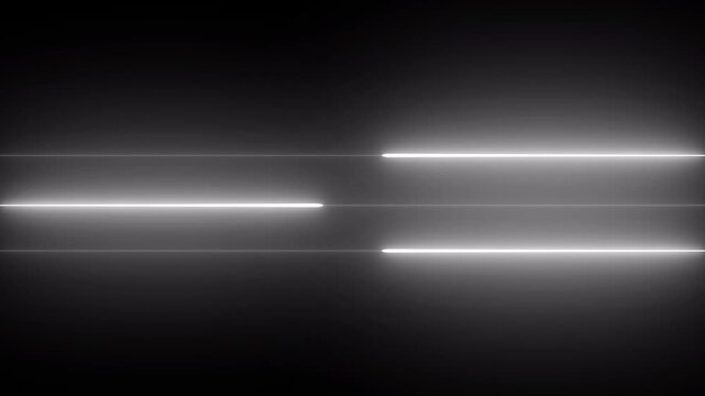 Abstract motion of three glowing white horizontal laser lines on dark background parallel beams of intense light with a smooth glow effect