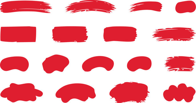 Bold red brush paint. Vector watercolor smear effect grunge splashes. Asian ink textured highlight frames, stamp, text box, rectangle speech bubbles. Abstract scribble scratch brush.
