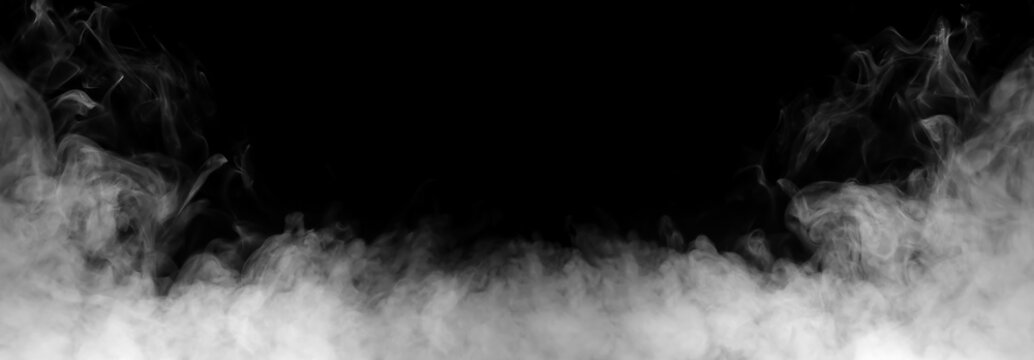 Dense white smoke frame isolated on black background with swirling fog, drifting vapor and realistic mist texture. Atmospheric smoke border overlay ideal for photo editing, cinematic effects, horror