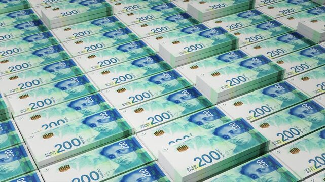 Israeli Shekel Banknote Bundles, Smooth Camera Movement, Realistic Currency Animation, High-Quality 3D Render
