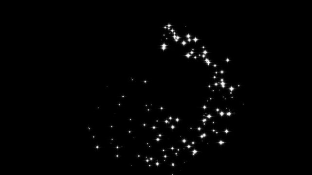 Twinkling glitter stars with glowing magic dust, white glowing fairy sparkle line burst with  sparkling glitter animation, fairy dust wand glitter stars trail transition on black screen, 4k video