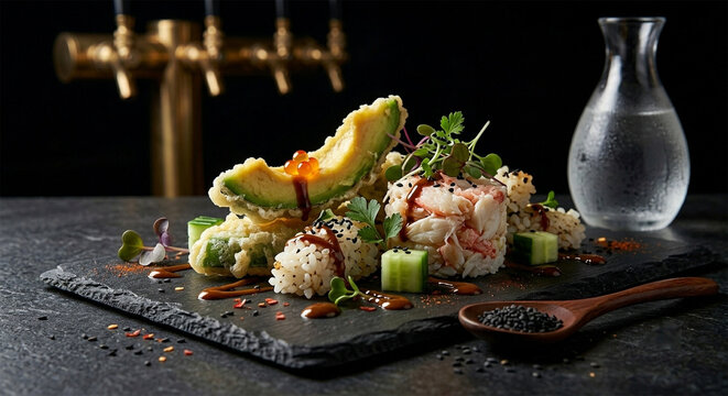 A sophisticated product photograph for a high-end sushi lounge. A deconstructed California roll featuring tempura-fried avocado, lump crab meat, and a drizzle of spicy mayo reduction, 