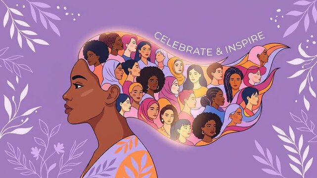 Diversity and inclusion animation of women's faces inside flowing hair profile with celebrate and inspire glowing text.