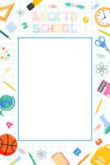 Back to school frame with school supplies on checkered paper. Background template with school tools in flat style.School concept poster for web. Decorative thematic backdrop.Vector illustration. © Anna