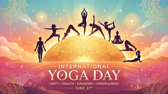 International Yoga Day Celebration With Silhouettes And Mandala Graphics