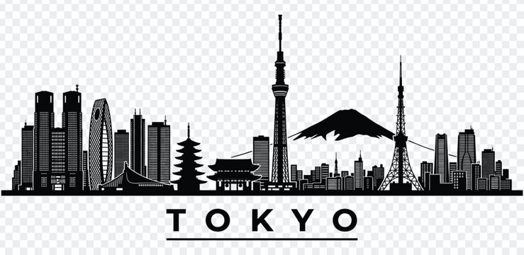 Tokyo city skyline silhouette with famous landmarks and mount fuji