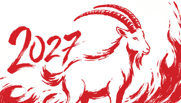 2027 Chinese New Year of the Goat or Sheep, red ink brush stroke art with full body ram and dynamic flames on white background