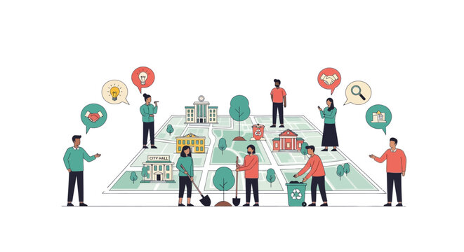 Community development, urban planning, teamwork, sustainability, green city concept