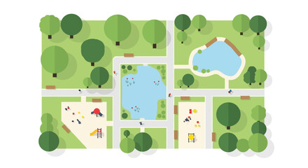 Naklejka premium Top View of a City Park with Pond, Playground, and Walking Paths
