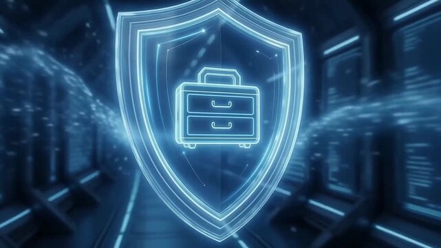 Secure Digital Business Data Protection Technology Glowing Shield with Briefcase Icon for Robust IT Security and Professional